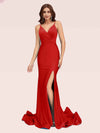 Sexy Backless Spaghetti Straps V-neck Side Slit Stretchy Jersey Long Mermaid Prom Dresses