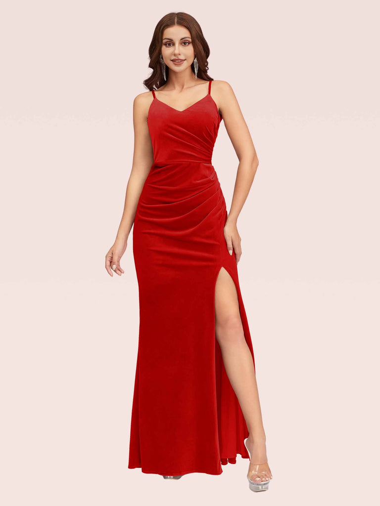 Sexy Spaghetti Straps Long Mermaid Velvet Evening Prom Dresses Online