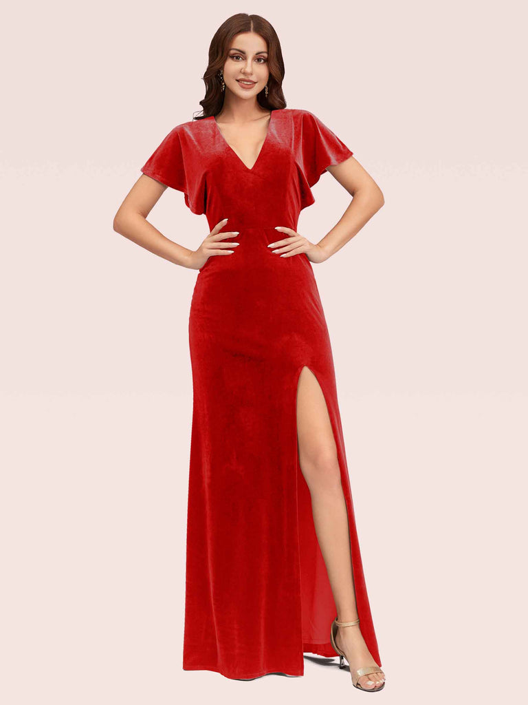 Cetims Sexy Bat Sleeves V neck Long Stretch Velvet Bridesmaid Dresses With Slit Rust