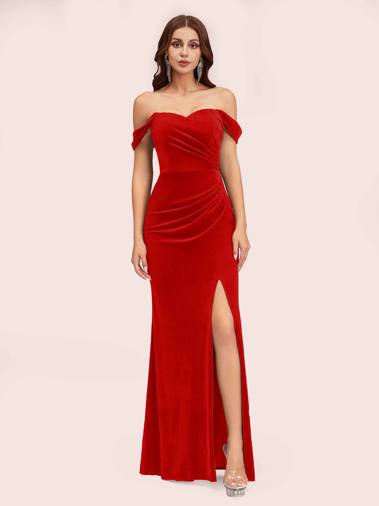 Sexy Velvet Off Shoulder Side Slit Mermaid Long Bridesmaid Dresses Online For Sale