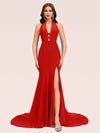 Sexy Halter Side Slit Open Back Stretchy Jersey Long Mermaid Bridesmaid Dresses Online