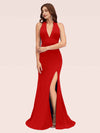 Sexy Halter Sleeveless Open Back Side Slit Stretchy Jersey Long Mermaid Bridesmaid Dresses