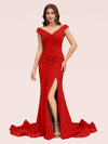 Sexy V-neck Side Slit Stretchy Jersey Long Mermaid Bridesmaid Dresses For Sale