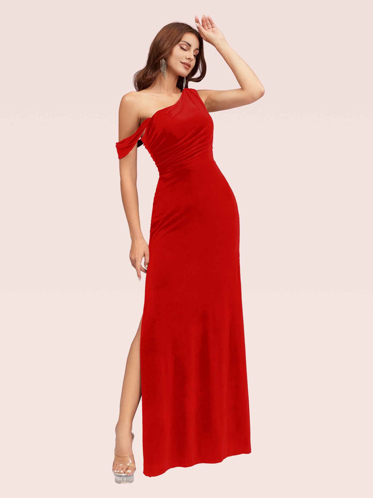 Sexy One Shoulder Side Split Long Velvet Bridesmaid Dresses Online For Sale Cetims Red