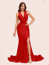 Sexy Mermaid Side Slit Deep V-neck Stretchy Jersey Long Party Prom Dresses Online