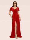 Elegant Velvet V-neck Side Slit Short Sleeves Long Evening Prom Dresses Online