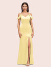 Sexy Cold Shoulder V-Neck Side Slit Mermaid Long Soft Satin Evening Prom Dresses