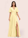 Elegant A-line V-neck Short Sleeves Long Bridesmaid Dresses With Slit