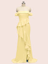 Sexy Off Shoulder Side Slit Long Soft Satin Bridesmaid Dresses With Ruffle