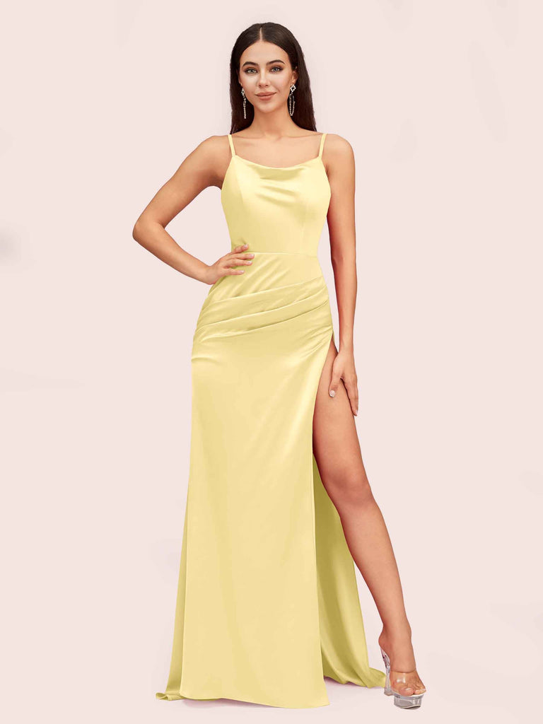 Sexy Spaghetti Straps Mermaid Long Soft Satin Graduation Prom Dresses With Slit Sexy Spaghetti Straps Mermaid Long Soft Satin Graduation Prom Dresses With Slit