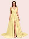 Elegant Spaghetti Straps V-neck Long Soft Satin Side Slit Bridesmaid Dresses