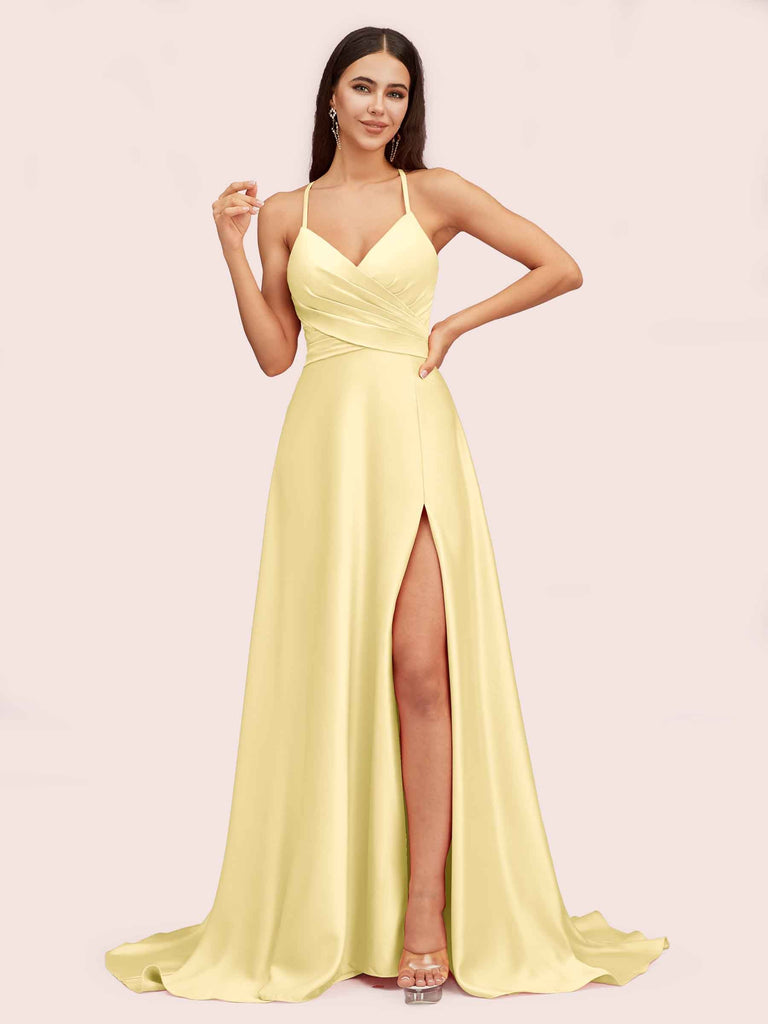 Elegant A-line Spaghetti Straps Long Soft Satin Party Prom Dresses With Slit