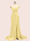 Sexy One Shoulder Long Soft Satin Mermaid Party Prom Dresses With Slit