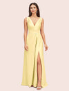 Sexy V-neck Long Side Slit Soft Satin Bridesmaid Dresses Online