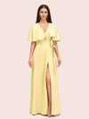 Elegant Bat Sleeves V-neck Side Slit Long Soft Satin Bridesmaid Dresses