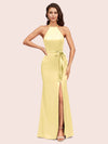 Sexy Mermaid Halter Long Silky Satin Party Prom Dresses With Slit