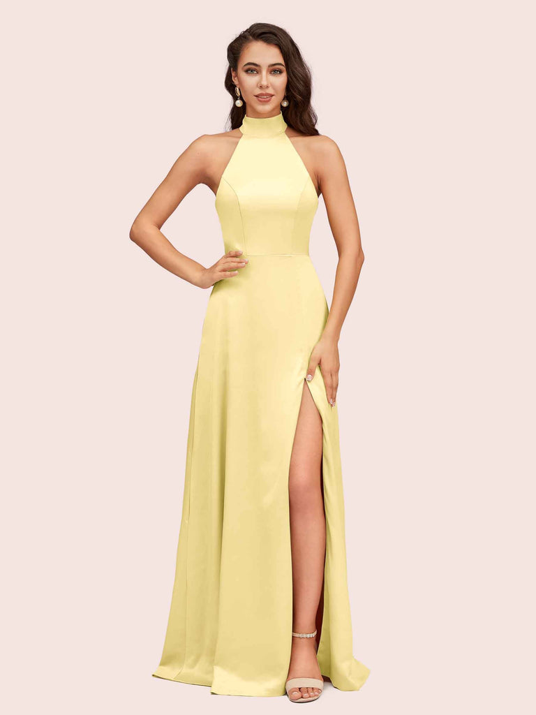 Elegant A-line High Neck Long Side Split Long Soft Satin Bridesmaid Dresses For Sale Elegant A-line High Neck Long Side Split Long Soft Satin Bridesmaid Dresses For Sale
