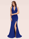 Sexy Halter Sleeveless Open Back Side Slit Stretchy Jersey Long Mermaid Bridesmaid Dresses
