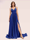 Sexy Side Slit Spaghetti Straps V-neck Jersey Long Bridesmaid Dresses Online For Sale