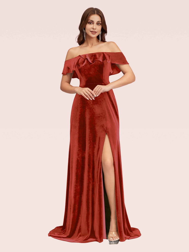 Elegant Off Shoulder Side Split Long Velvet Bridesmaid Dresses Online For Sale Cetims Rust