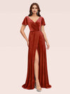 Elegant Velvet V-neck Side Slit Short Sleeves Long Evening Prom Dresses Online