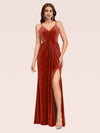 Sexy Spaghetti Strap V-Neck Long Velvet Bridesmaid Dress With Slit