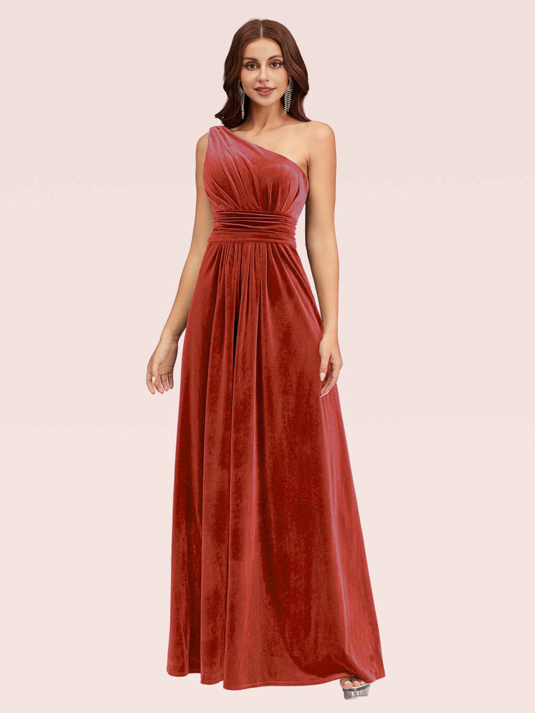 Elegant One Shoulder Long A-line Velvet Bridesmaid Dresses Online Elegant One Shoulder Long A-line Velvet Bridesmaid Dresses Online