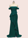 Sexy Off Shoulder Ruffles Long Soft Satin Party Prom Dresses With Slit