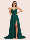 Elegant A-line Spaghetti Straps Long Soft Satin Bridesmaid Dresses With Slit