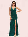 Sexy Spaghetti Straps V-neck Long Silky Soft Satin Formal Prom Dresses With Slit
