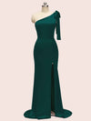 Sexy Mermaid One Shoulder Long Stretch Satin Formal Prom Dresses With Slit