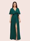Elegant Bat Sleeves V-neck Side Slit Long Soft Satin Party Prom Dresses 2023