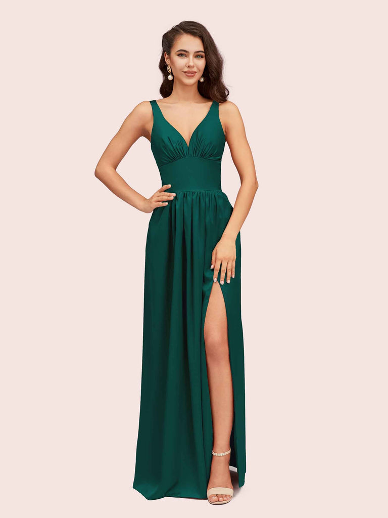 Sexy V Neck Long Soft Satin Side Slit Graduation Prom Dresses Online Sexy V Neck Long Soft Satin Side Slit Graduation Prom Dresses Online