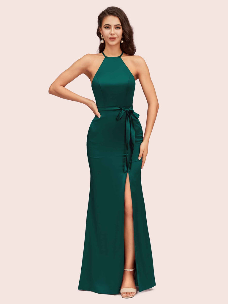 Sexy Mermaid Halter Long Silky Satin Party Prom Dresses With Slit