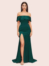 Elegant Soft Satin Off Shoulder Long Mermaid Graduation Prom Dresses With Slit