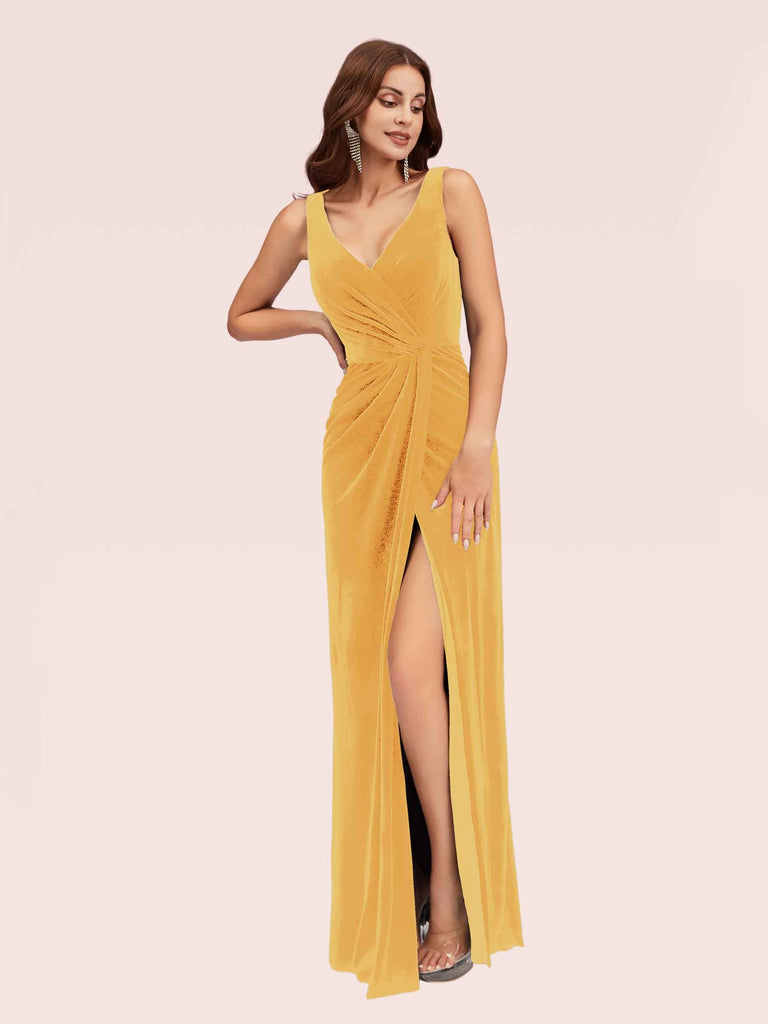 Elegant V-neck Sleeveless Side Slit Long Velvet Prom Dresses Online