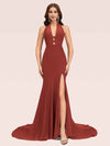 Sexy Halter Side Slit Open Back Stretchy Jersey Long Mermaid Bridesmaid Dresses Online