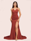 Sexy Spaghetti Straps Sleeveless Mermaid Jersey Long Formal Prom Dresses With Slit