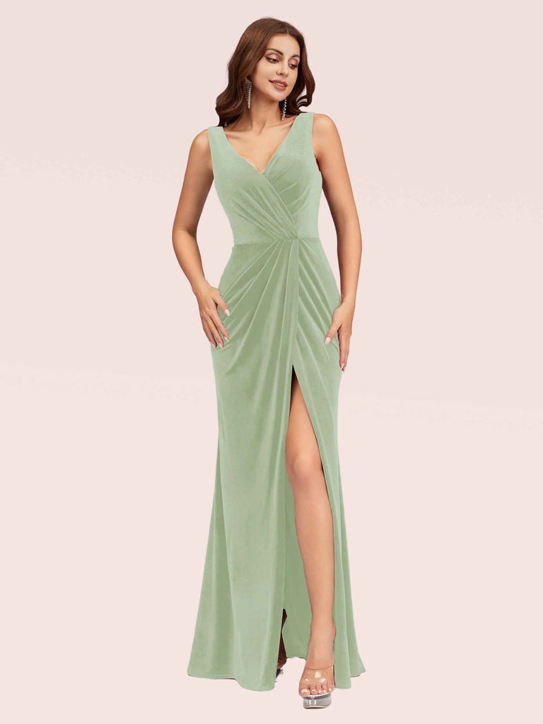 Elegant Mermaid V-Neck Long Side Slit Off Shoulder Velvet Bridesmaid Dresses For Sale Elegant Mermaid V-Neck Long Side Slit Off Shoulder Velvet Bridesmaid Dresses For Sale