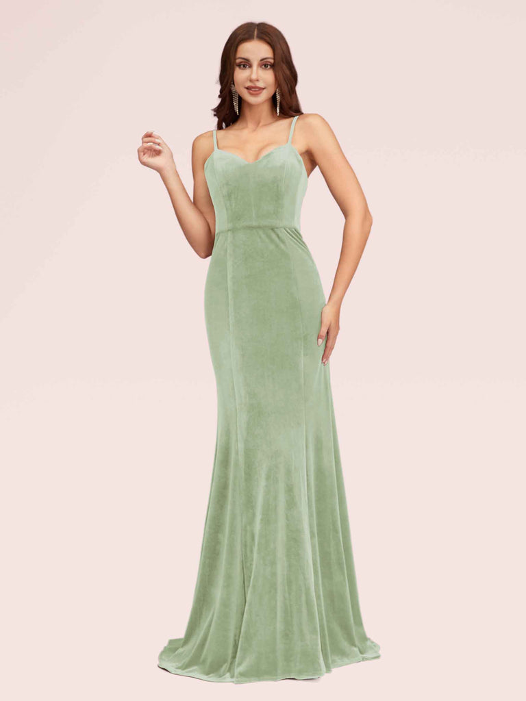 Cetims Elegant Spaghetti Straps Long Mermaid Velvet Bridesmaid Dresses Sage