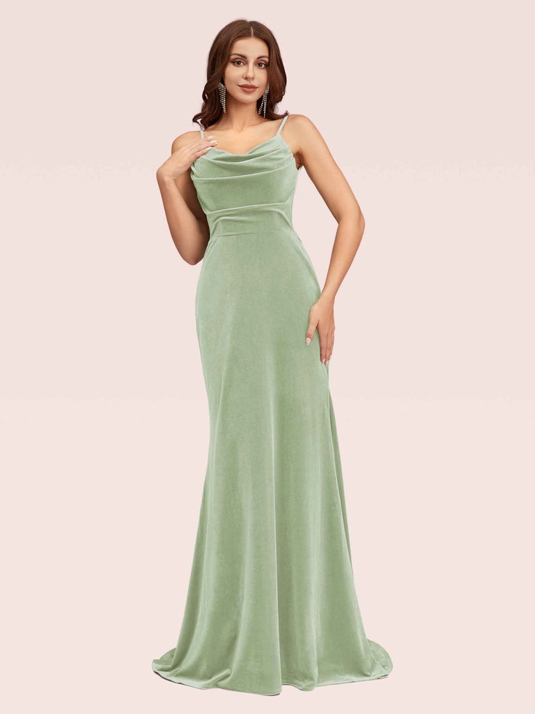 Cetims Modern Cowl Zipper Back Velvet Spaghetti Straps Long Mermaid Bridesmaid Dresses Sage