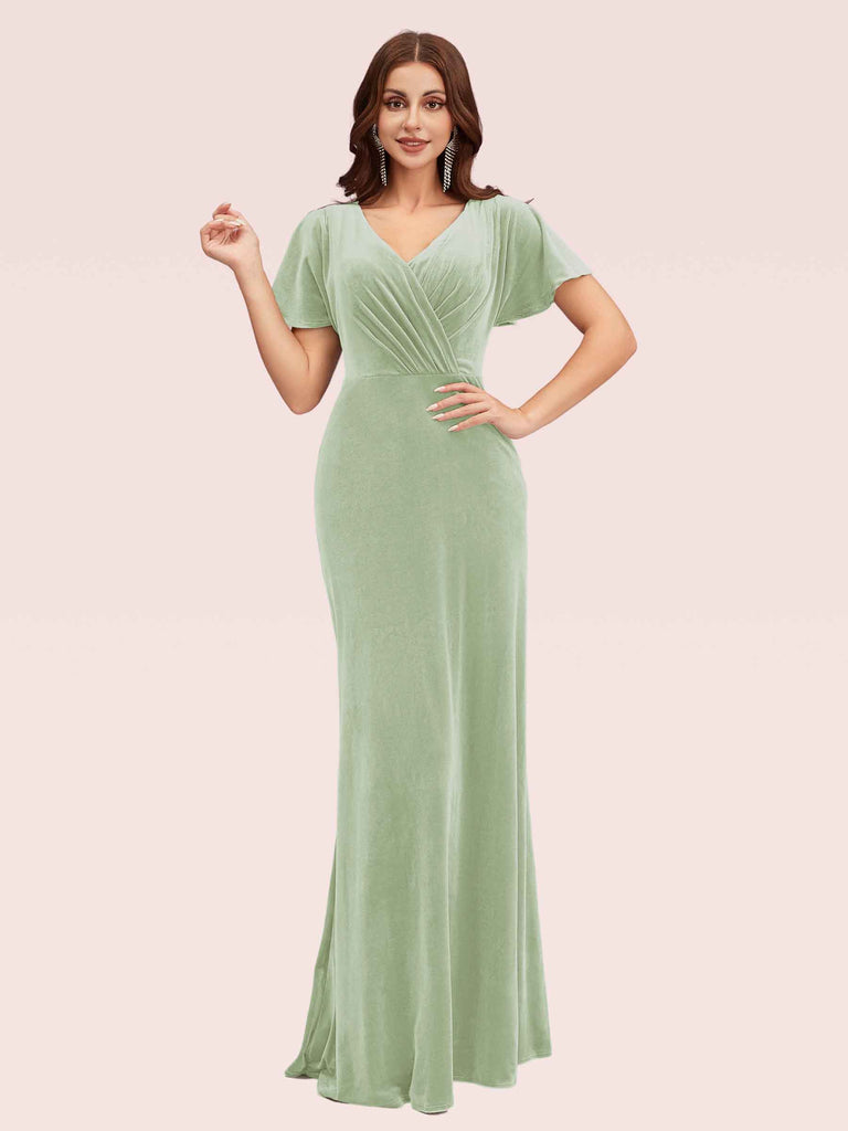 Sexy Short Sleeves Open Back Long Stretch Velvet Bridesmaid Dresses Online Sexy Short Sleeves Open Back Long Stretch Velvet Bridesmaid Dresses Online