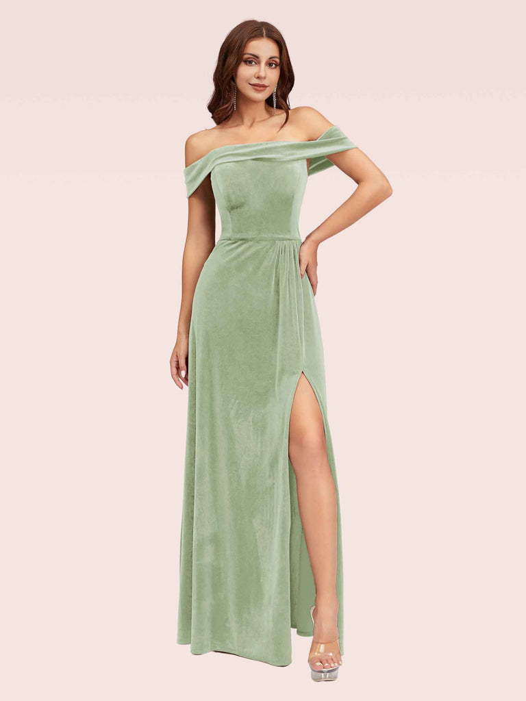Cetims Chic Stretch Velvet Off Shoulder Sheath Bridesmaid Dress with Side Split Perfect for Wedding Guests and Parties Sage