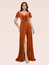 Elegant Velvet V-neck Side Slit Short Sleeves Long Bridesmaid Dresses Online