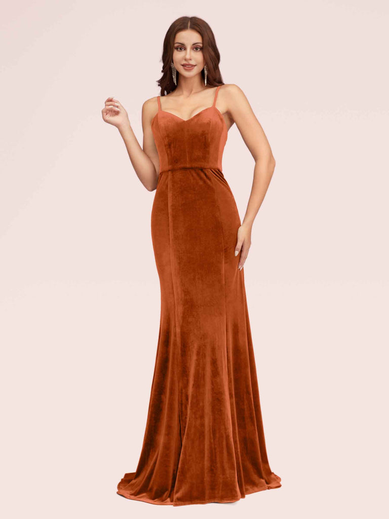Elegant Spaghetti Straps Long Mermaid Velvet Evening Prom Dresses Online