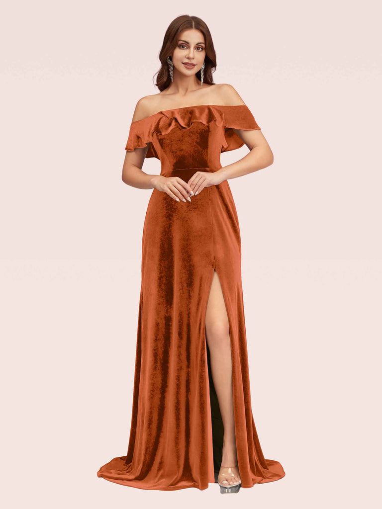 Elegant Off Shoulder Side Slit Long Velvet Bridesmaid Dresses Online Elegant Off Shoulder Side Slit Long Velvet Bridesmaid Dresses Online