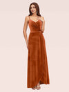 Elegant Velvet Spaghetti Straps V-neck Modern Long Prom Dresses With Slit