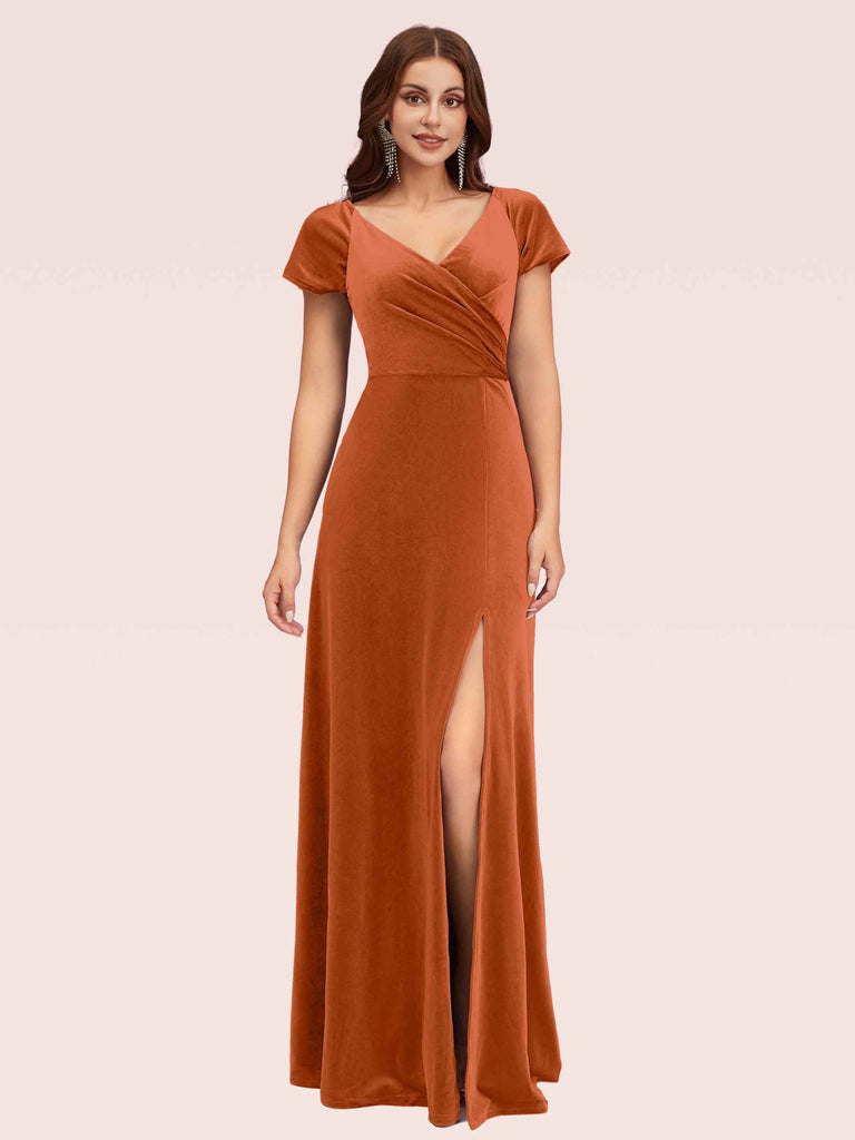 Sexy Side Slit Short Sleeves Velvet V-neck Long Formal Prom Dresses 2023 Sexy Side Slit Short Sleeves Velvet V-neck Long Formal Prom Dresses 2023