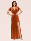 Sexy Bat Sleeves V-neck Long Stretch Velvet Bridesmaid Dresses With Slit For Sale
