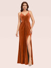 Sexy Spaghetti Strap V-Neck Long Velvet Bridesmaid Dress With Slit